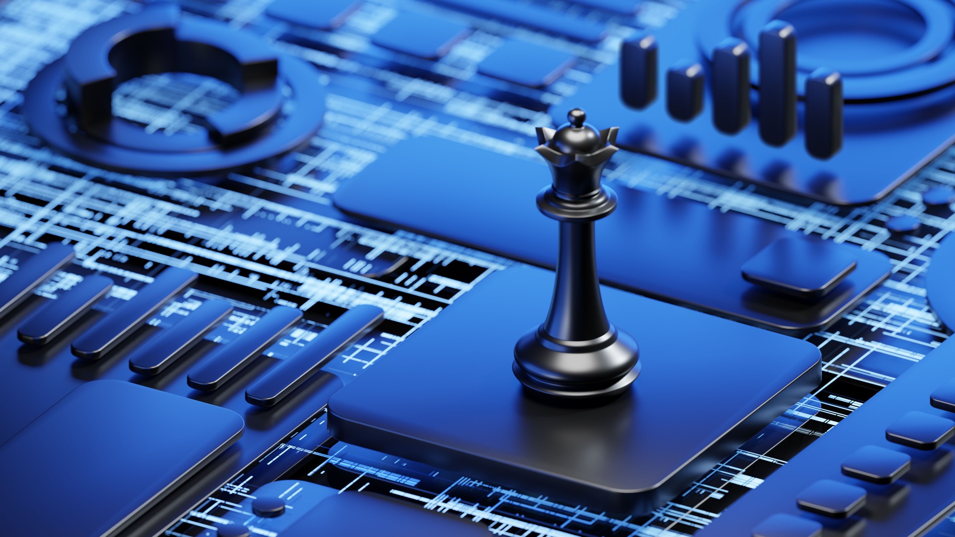 Black chess queen figure in the middle of abstract 3d objects as financial charts and graphs